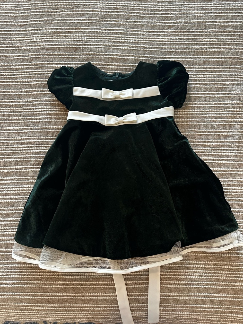 Bonnie Baby Green Velvet Dress w/ White Bows
